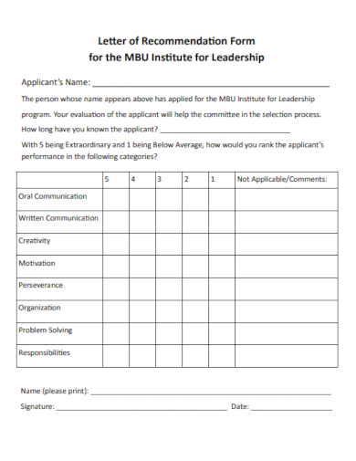 leadership recommendations letter