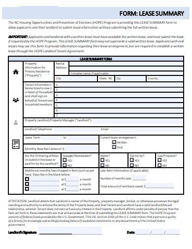 lease summary agreement form
