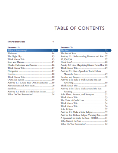 lesson table of content