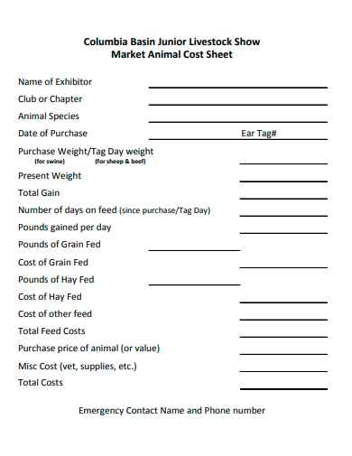 market animal cost sheet