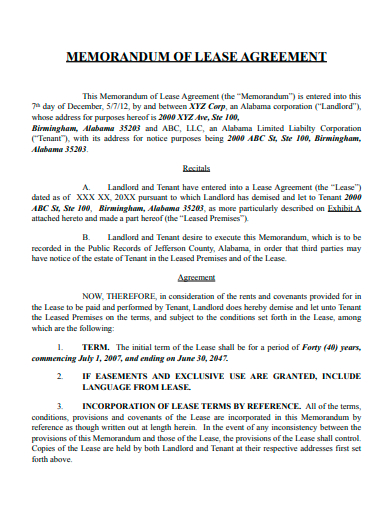 memorandum of lease agreement