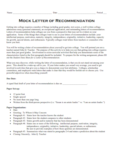 mock recommendations letter