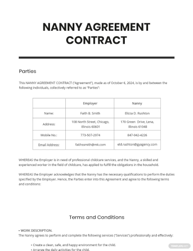 nanny agreement contract template