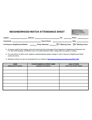 neighborhood attendance sheet