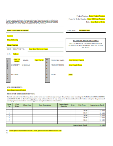 new purchase order short form