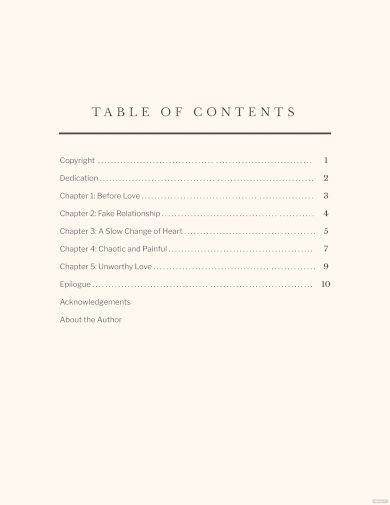 novel table of contents template