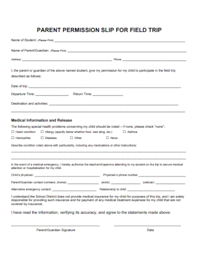 parent permission slip for field trip