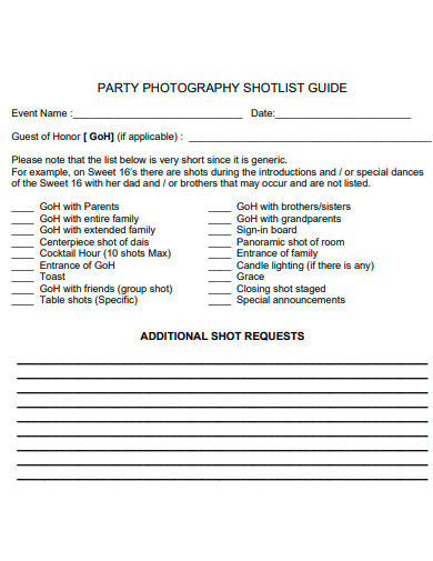 party photography shot list