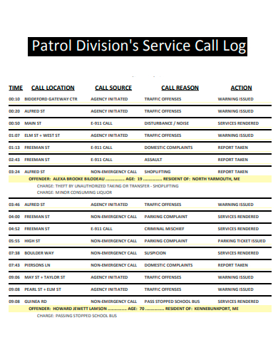 patrol divisions service call log