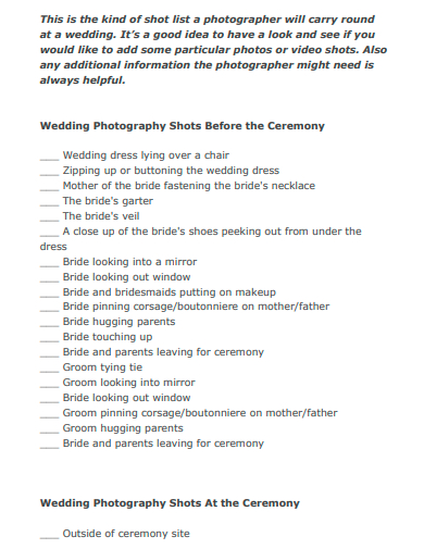 photographer wedding shot list