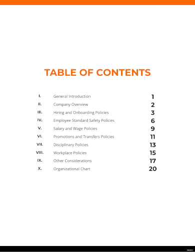 policy table of contents template