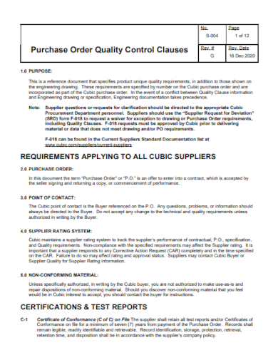purchase order quality control clauses