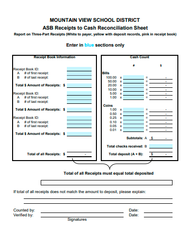 receipt to cash reconciliation sheet book