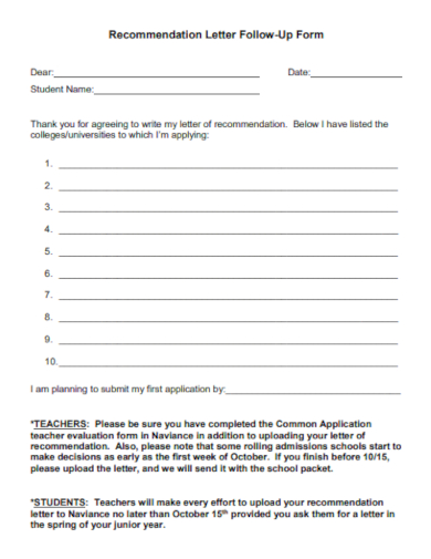 recommendations letter follow up form