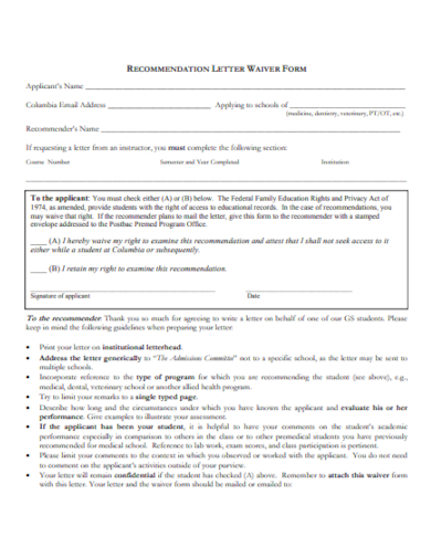 recommendations letter wavier form