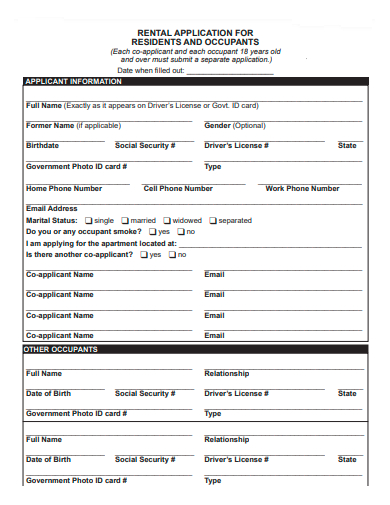 rental application for residents and occupants