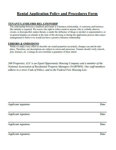 rental application policy and procedures form