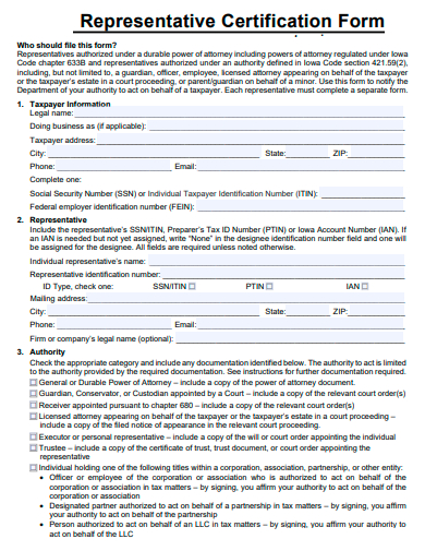 representative certification form