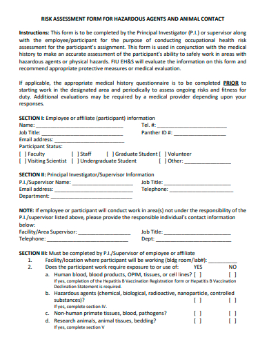 risk assessment form for hazardous agents and animal contact