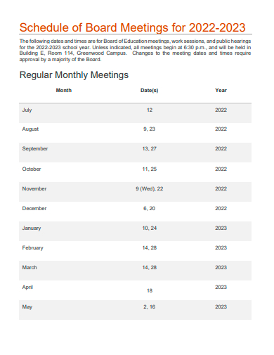 schedule of board meetings