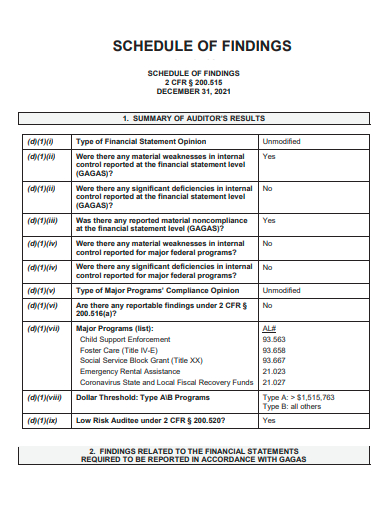 schedule of findings
