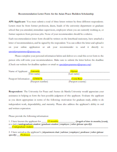 scholarship recommendations letter form