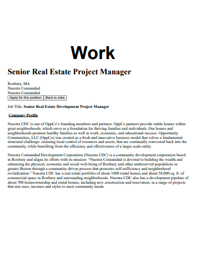 senior real estate project manager work
