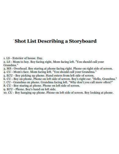 shot list describing a storyboard