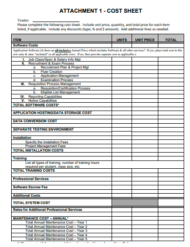 simple cost sheet