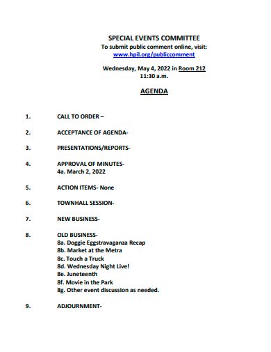 special event committee agenda