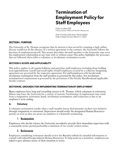staff employee termination of employment policy