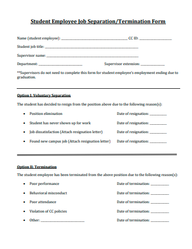 student employee job separation termination form