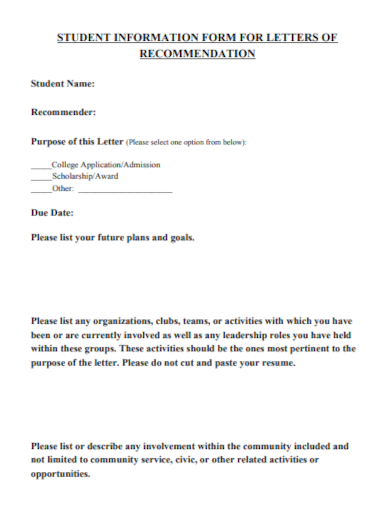 student form recommendations letter