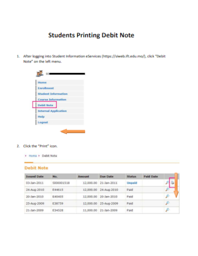 students printing debit note