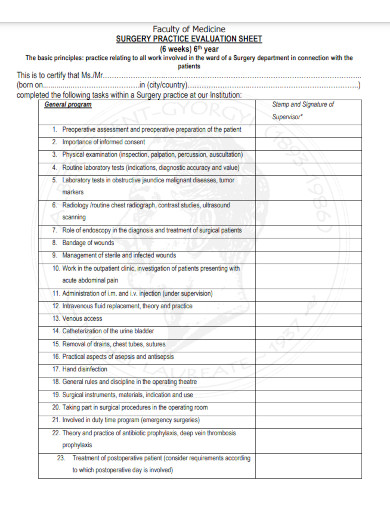 surgery practice evaluation sheet 
