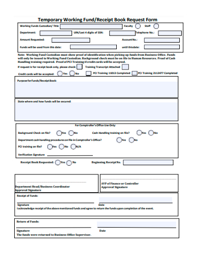 temporary working fund receipt book request form