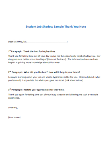 thank you notes for student job shadow