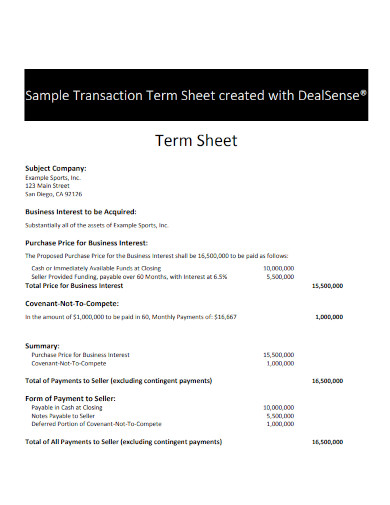 transaction term sheet sample