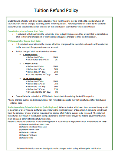 tuition refund policy template