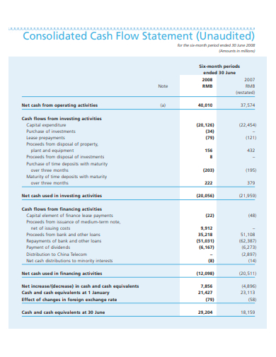 unaudited consolidated cash flow statement