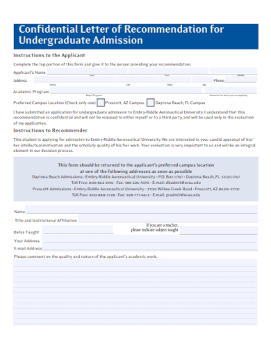 undergraduate admission recommendations letter