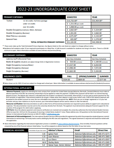 undergraduate cost sheet
