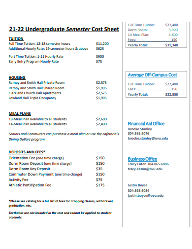 undergraduate semester cost sheet