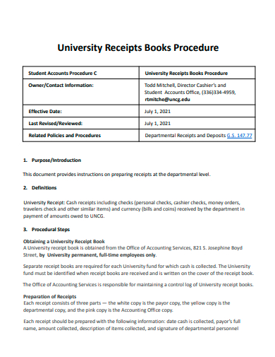university receipts books procedure