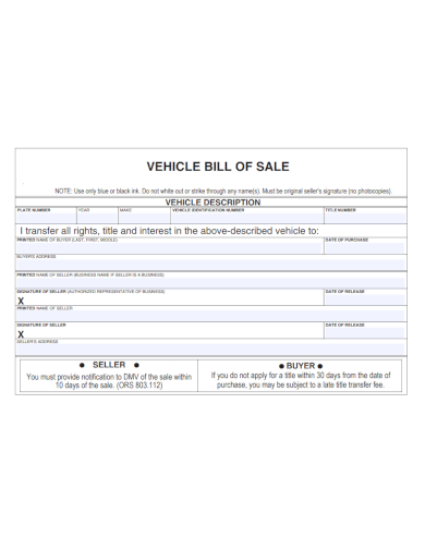 vehicle description bill of sale