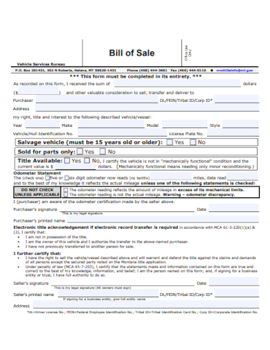 vehicle services bill of sale