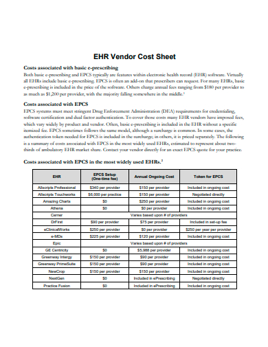 vendor cost sheet