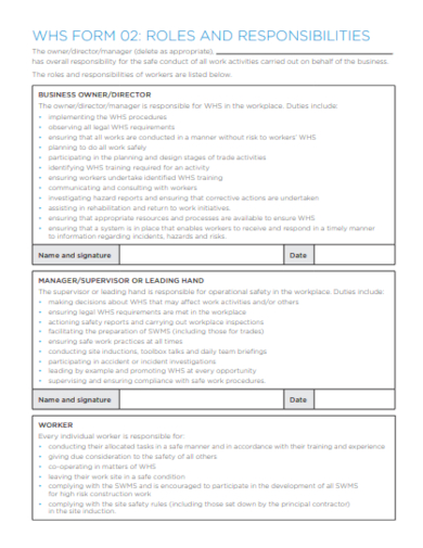 whs roles and responsibilities form