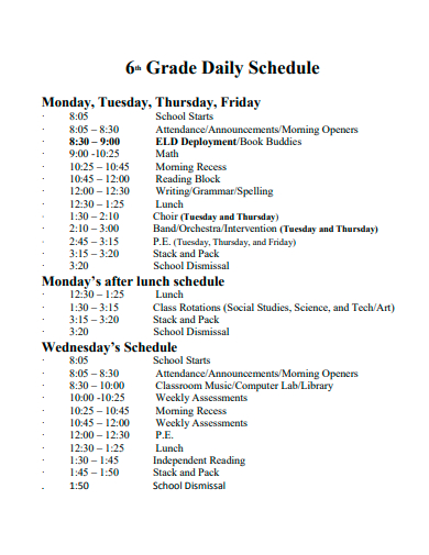 6th grade daily schedule