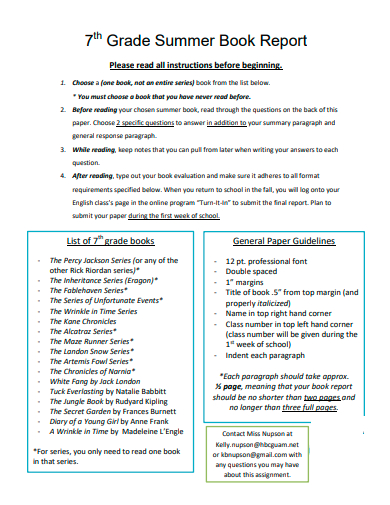book report sample for secondary school